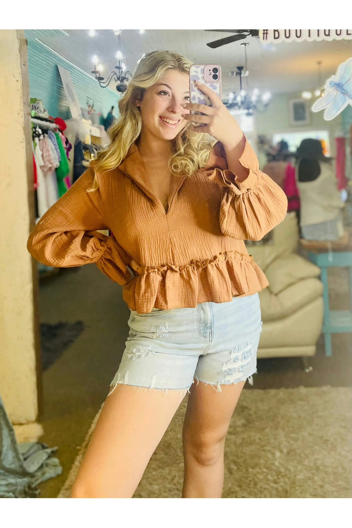 Mocha Drop Sleeve Ruffle Hem Cropped Top - Vintage Dragonfly