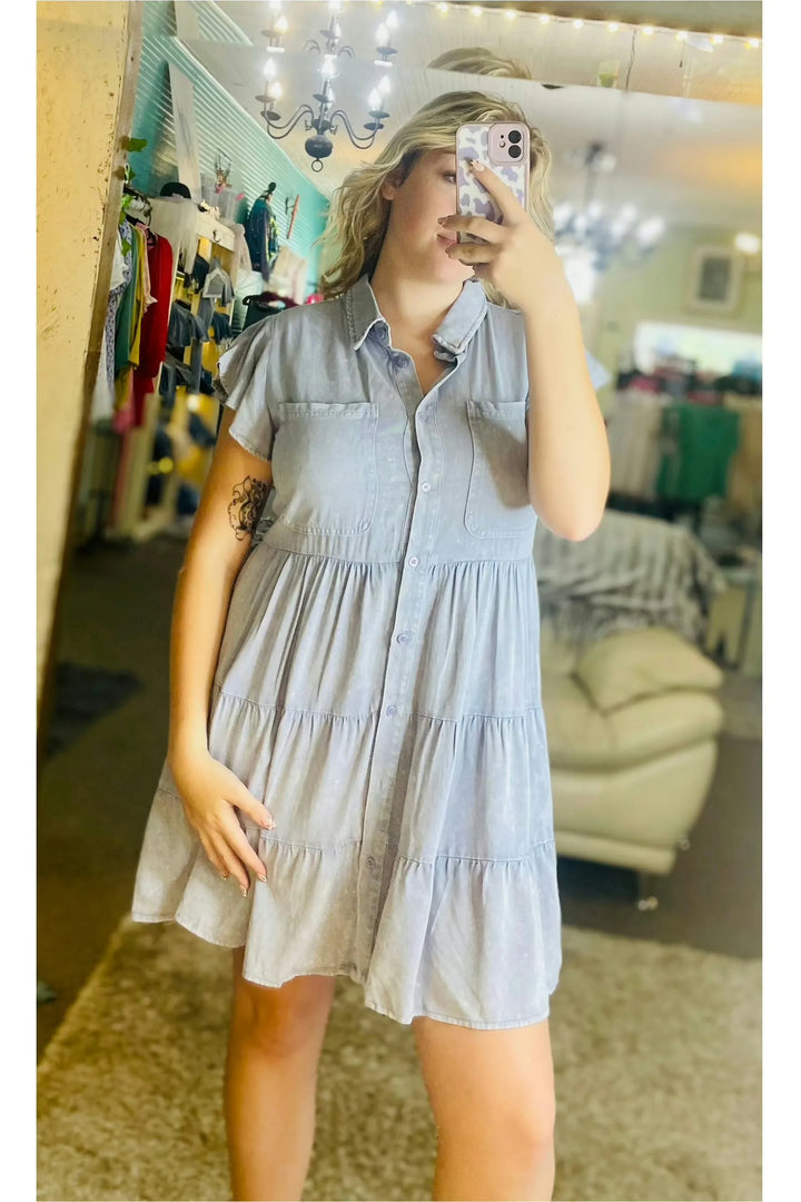 Blue Button Front Tiered Dress - Vintage Dragonfly