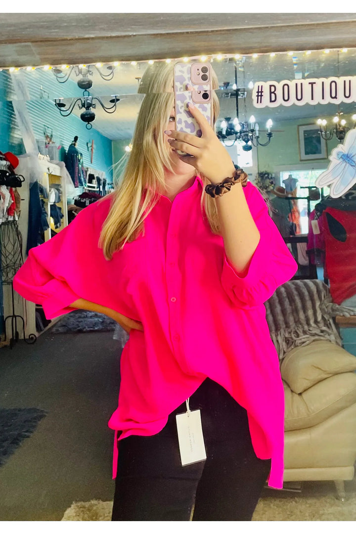 Hot Pink Button Front Split Cuff 3/4 Length Sleeve Top - Vintage Dragonfly