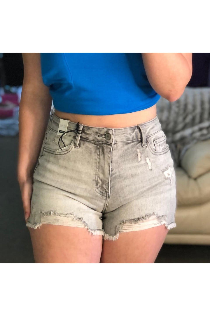 Judy Blue Gray Midrise Frayed Hem Distressed Shorts - Vintage Dragonfly