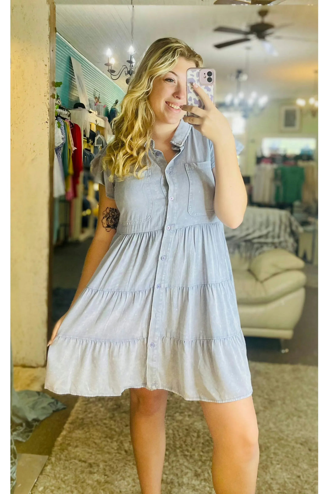 Blue Button Front Tiered Dress - Vintage Dragonfly