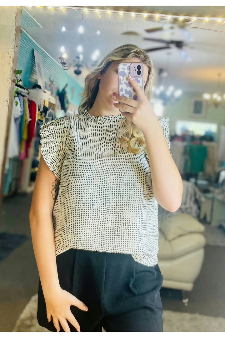 Jodifl Frill Mock Neckline Smocked Ruffle Cap Sleeve Dot Print Top - Vintage Dragonfly