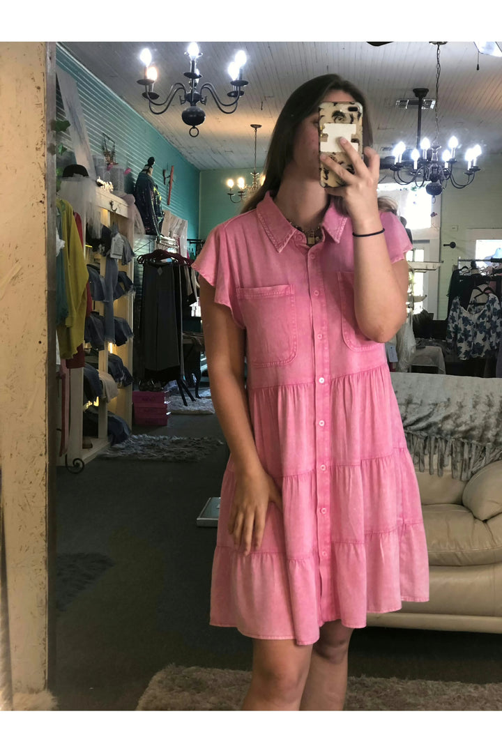 Pink Button Front Tiered Dress - Vintage Dragonfly