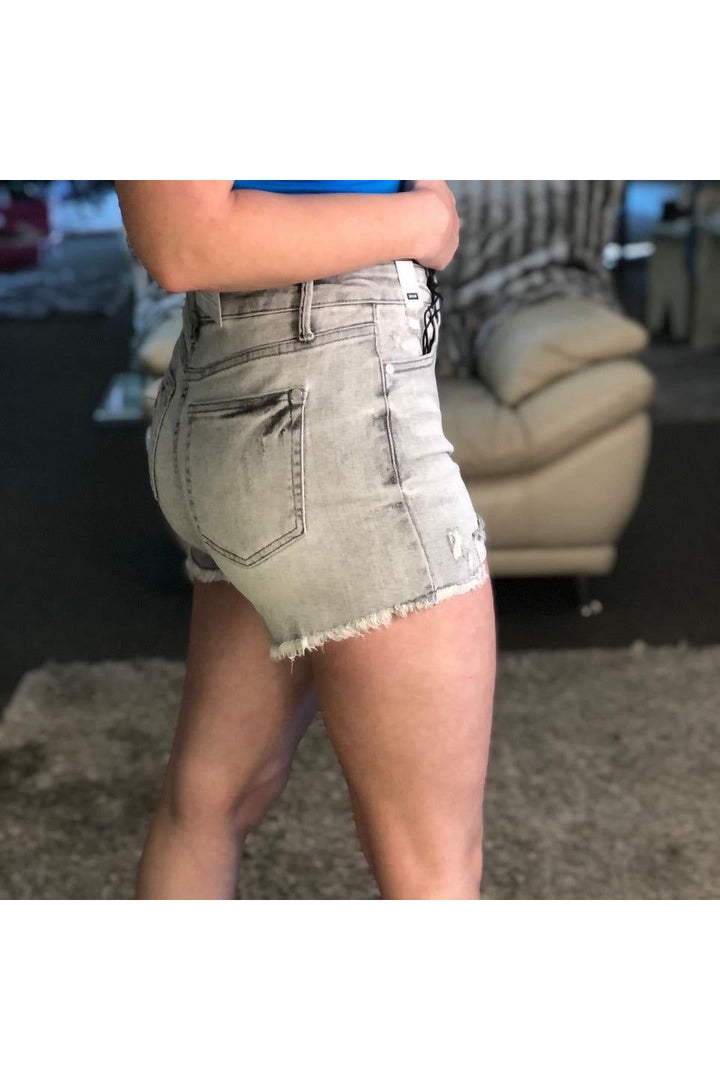 Judy Blue Gray Midrise Frayed Hem Distressed Shorts - Vintage Dragonfly