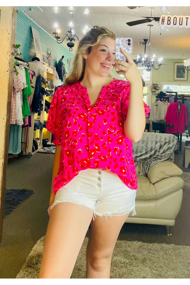 Hot Pink Leopard Print Bubble Sleeve Top - Vintage Dragonfly