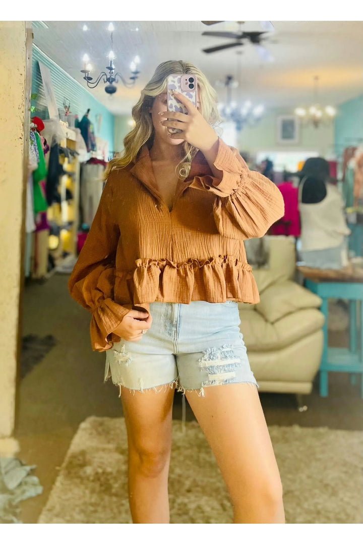 Mocha Drop Sleeve Ruffle Hem Cropped Top - Vintage Dragonfly