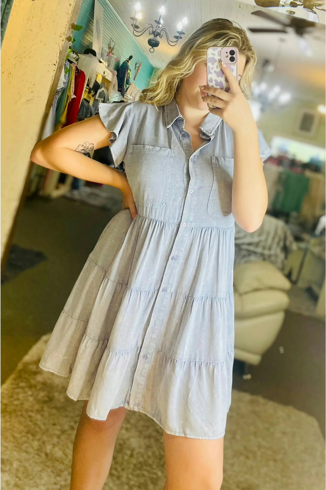 Blue Button Front Tiered Dress - Vintage Dragonfly