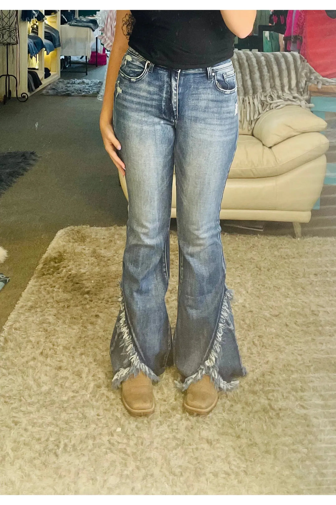 Suzie Q Mid-rise Unique Hem Flare Jeans - Vintage Dragonfly