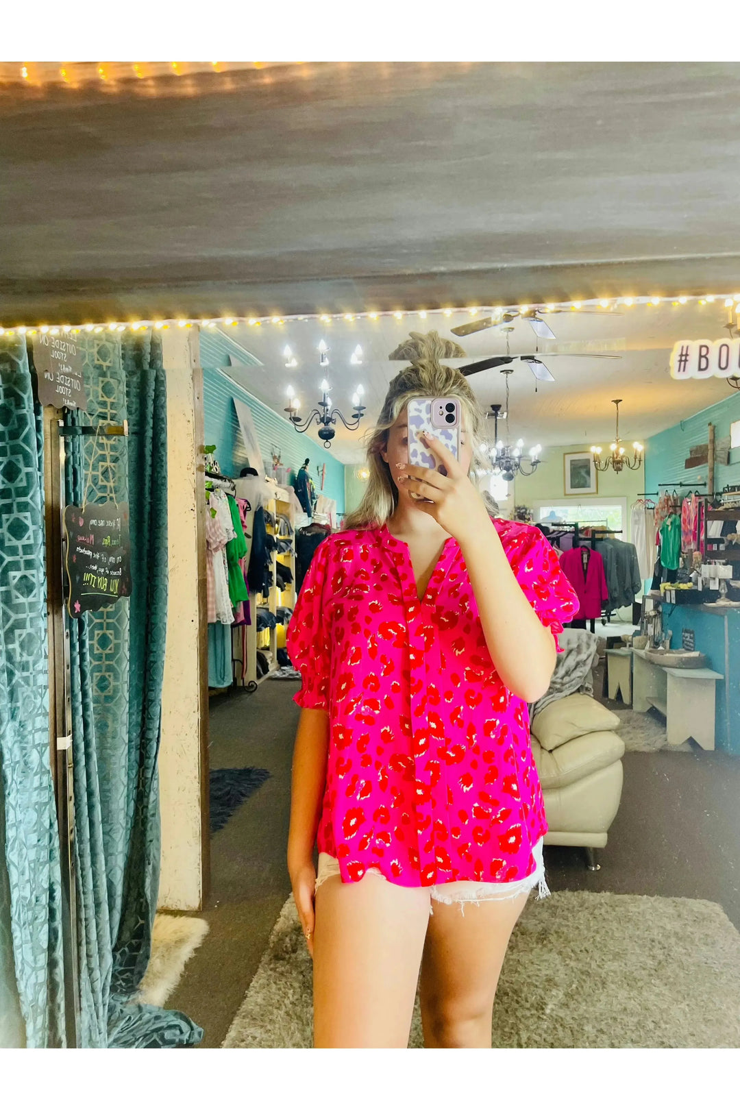 Hot Pink Leopard Print Bubble Sleeve Top - Vintage Dragonfly