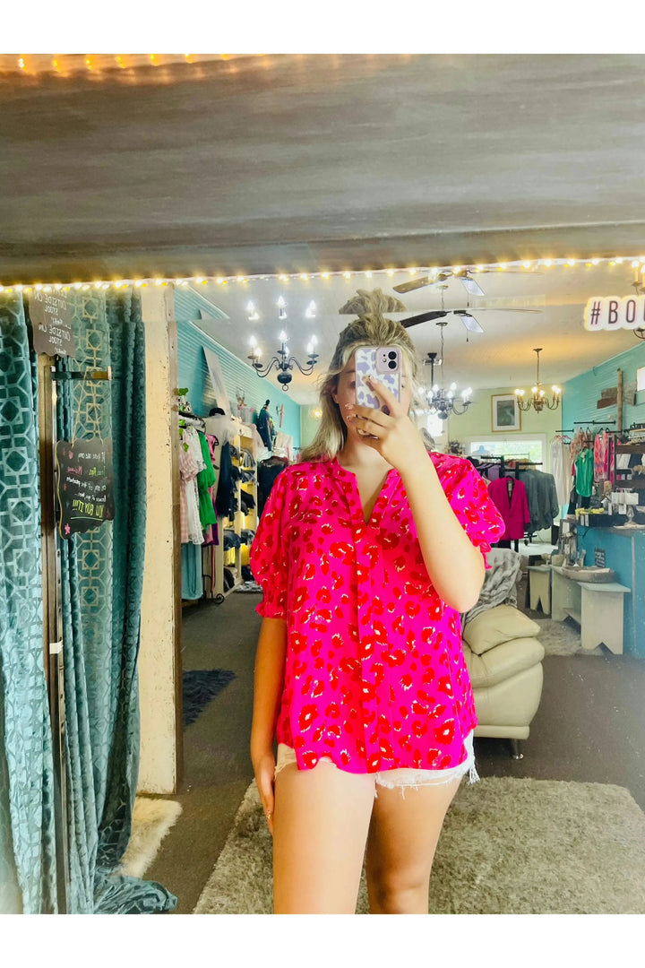 Hot Pink Leopard Print Bubble Sleeve Top - Vintage Dragonfly