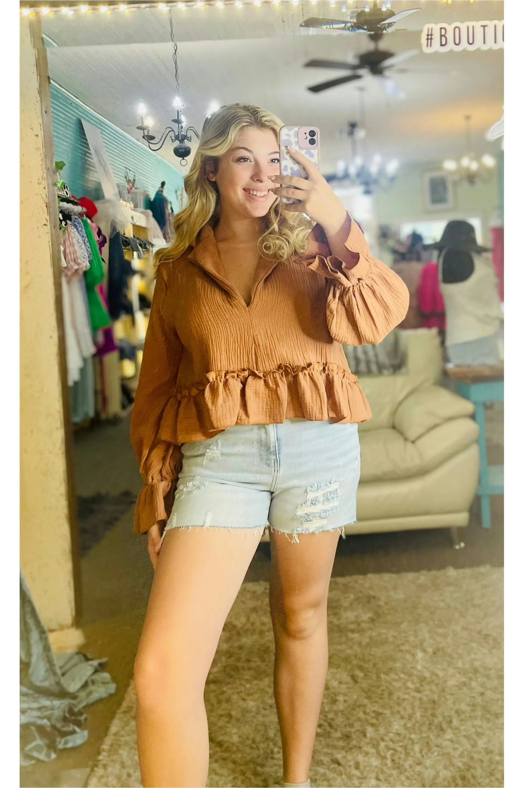 Mocha Drop Sleeve Ruffle Hem Cropped Top - Vintage Dragonfly