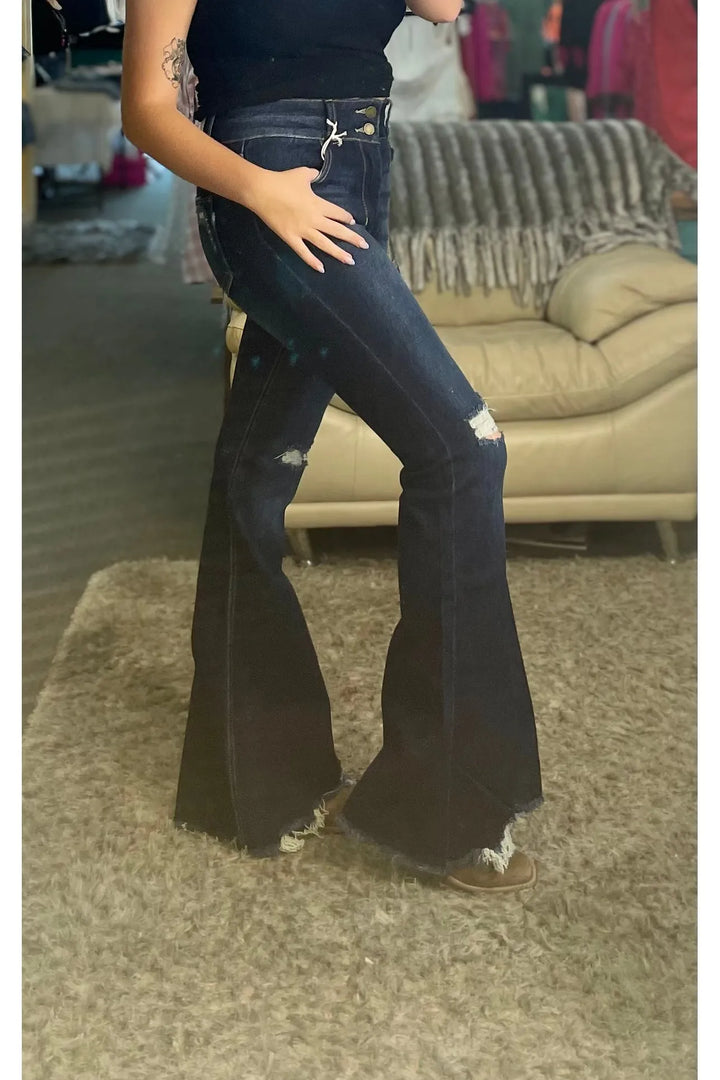 Darling Dark Wash Double Button Super Flare Jeans - Vintage Dragonfly