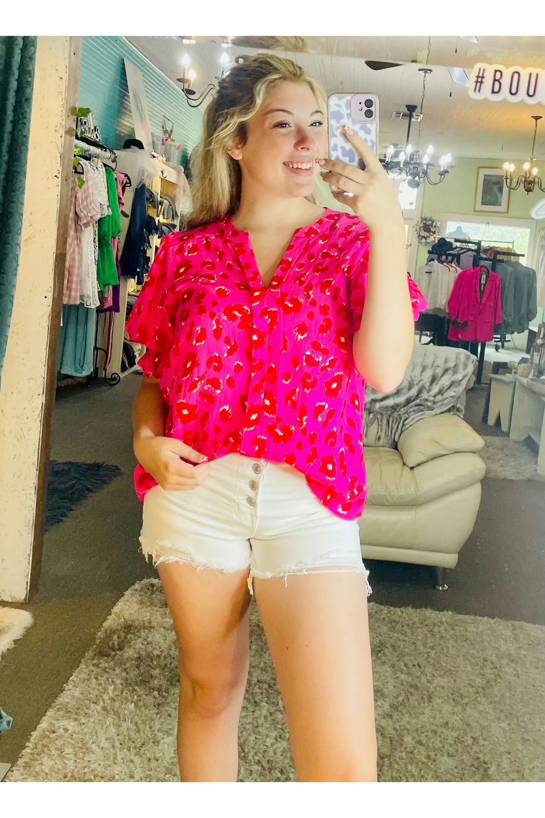 Hot Pink Leopard Print Bubble Sleeve Top - Vintage Dragonfly