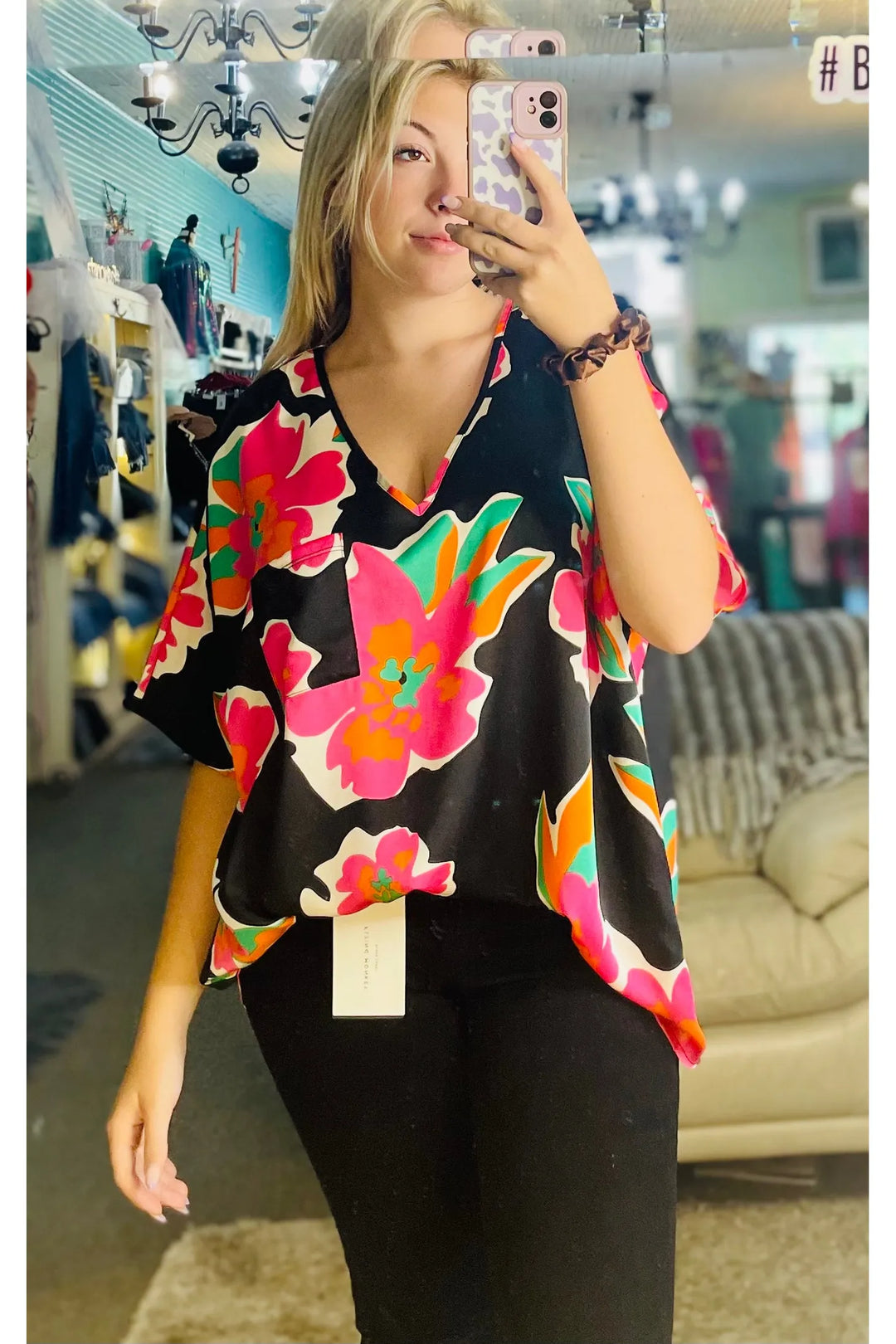 Jodifl Black Top with Flower Pattern - Vintage Dragonfly