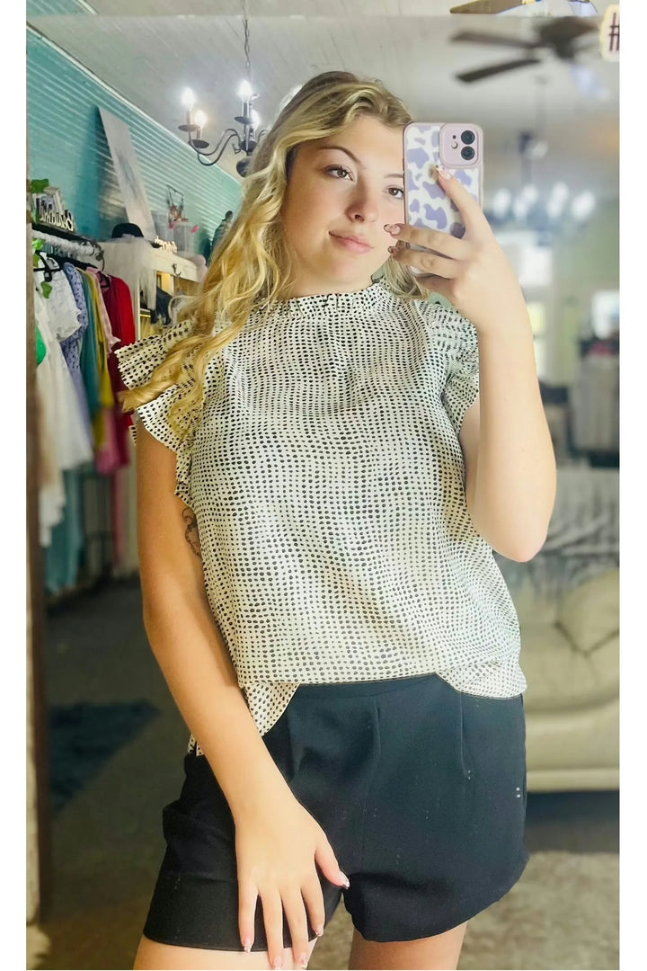 Jodifl Frill Mock Neckline Smocked Ruffle Cap Sleeve Dot Print Top - Vintage Dragonfly