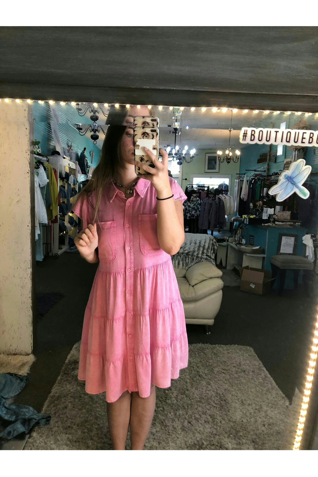 Pink Button Front Tiered Dress - Vintage Dragonfly