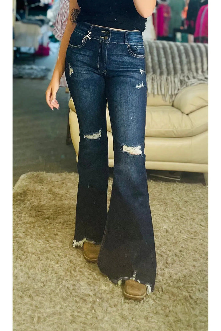 Darling Dark Wash Double Button Super Flare Jeans - Vintage Dragonfly