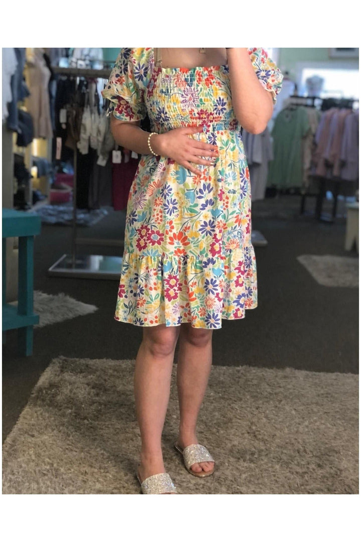Floral Pattern Smocked Ruffle Babydoll Dress - Vintage Dragonfly