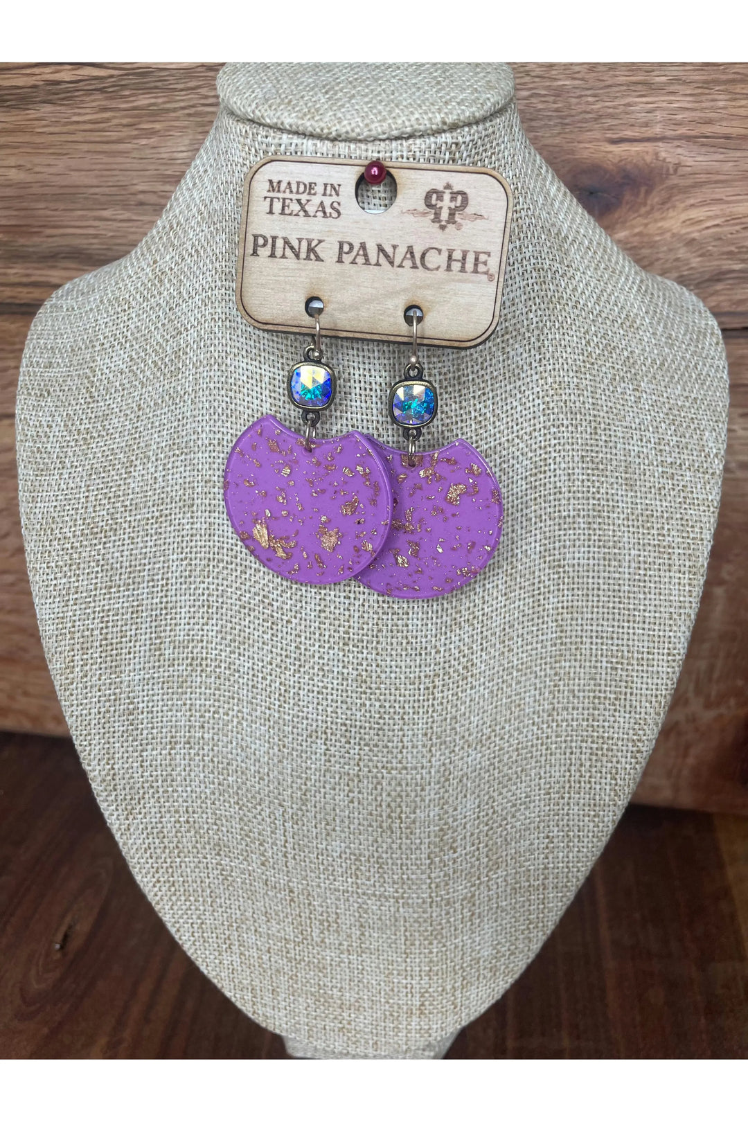 Pink Panache- Purple/Gold Acrylic Disc with AB Crystal Pendant - Vintage Dragonfly