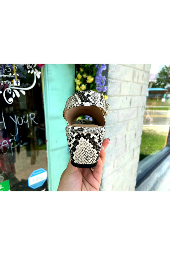 Sassy Peep Toe Black/White Snake Pattern-Shoes-Corky’s-Vintage Dragonfly-Women’s Fashion Boutique Located in Sumrall, Mississippi