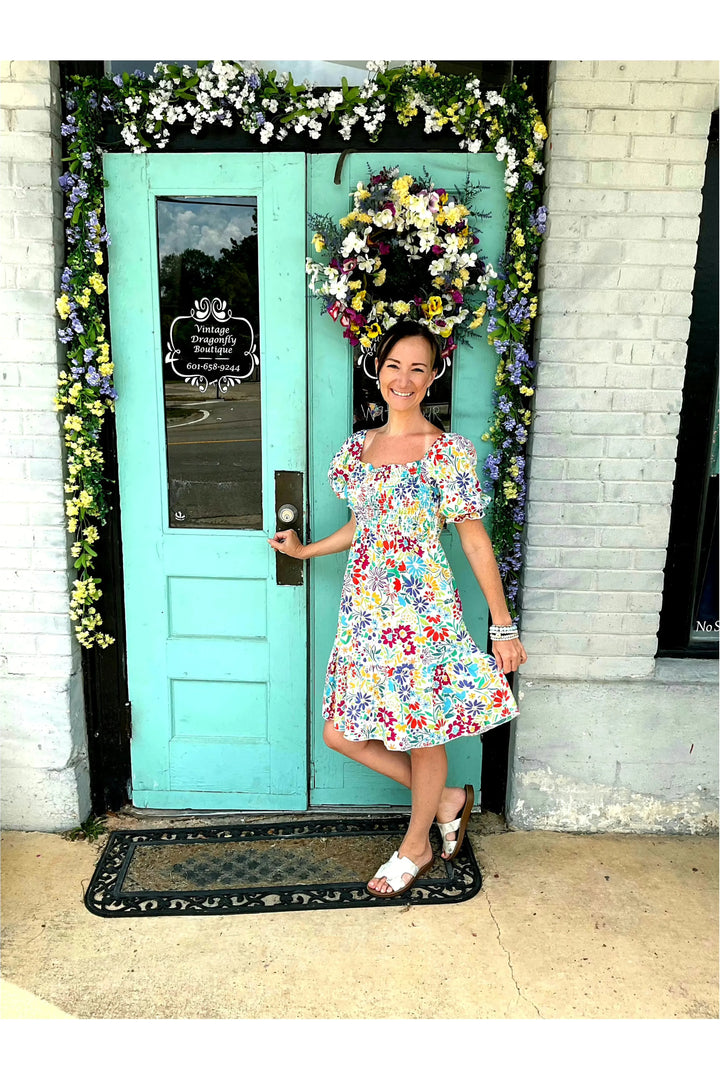 Floral Pattern Smocked Ruffle Babydoll Dress-Dresses-First Love-Vintage Dragonfly-Women’s Fashion Boutique Located in Sumrall, Mississippi
