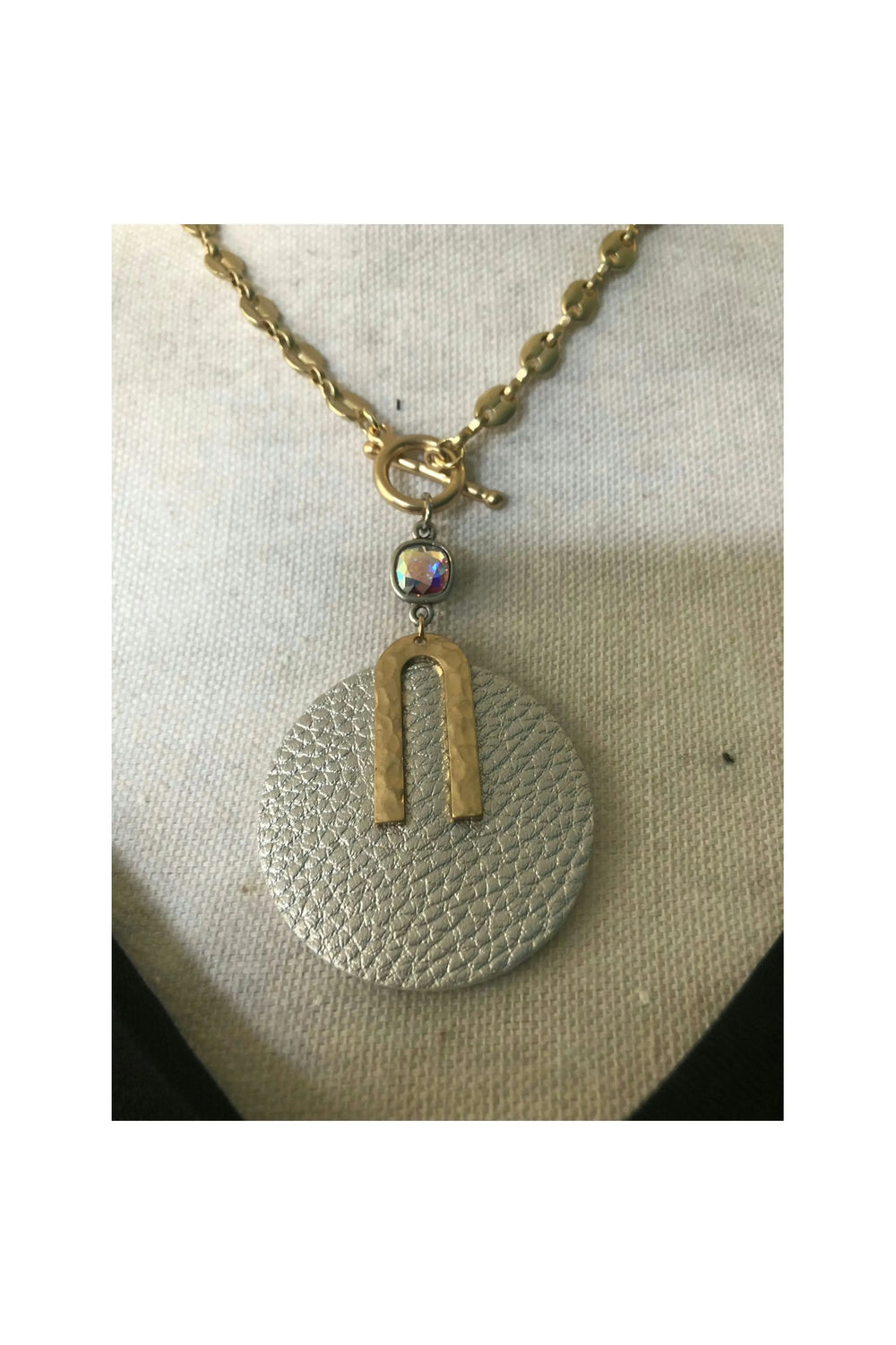 Matte Gold Necklace with Silver leather Pendant with Ab Crystal-Jewelry-Pink Panache-Vintage Dragonfly-Women’s Fashion Boutique Located in Sumrall, Mississippi