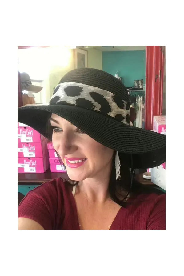 Straw wide Brim Hat with Animal Print Ribbon-Accessories-Judson-Vintage Dragonfly-Women’s Fashion Boutique Located in Sumrall, Mississippi