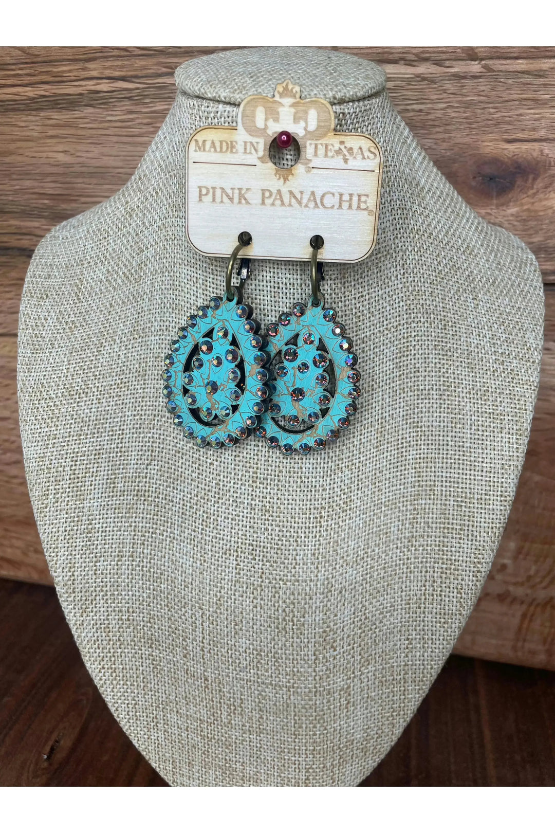 Pink Panache - Turquoise Crackle Wood With AB Crystal Small on Bronze Mini Hoop - Vintage Dragonfly