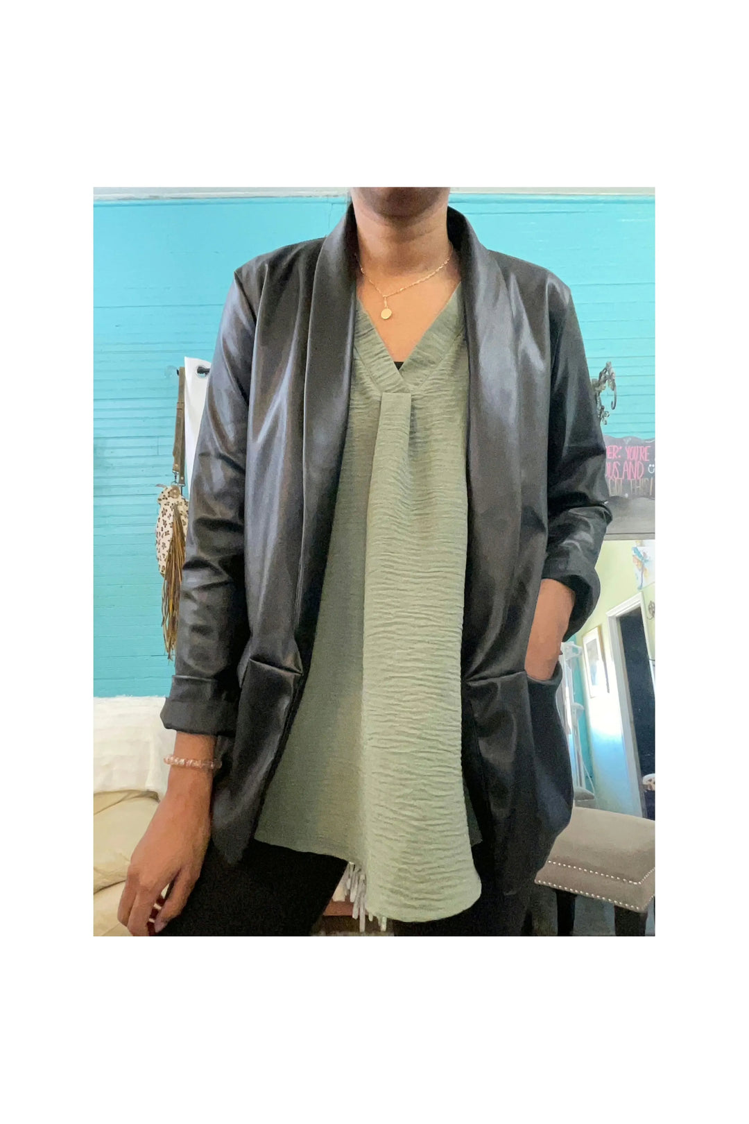 Finn Faux leather black Blazer-Outerwear-Nash Grey-Vintage Dragonfly-Women’s Fashion Boutique Located in Sumrall, Mississippi