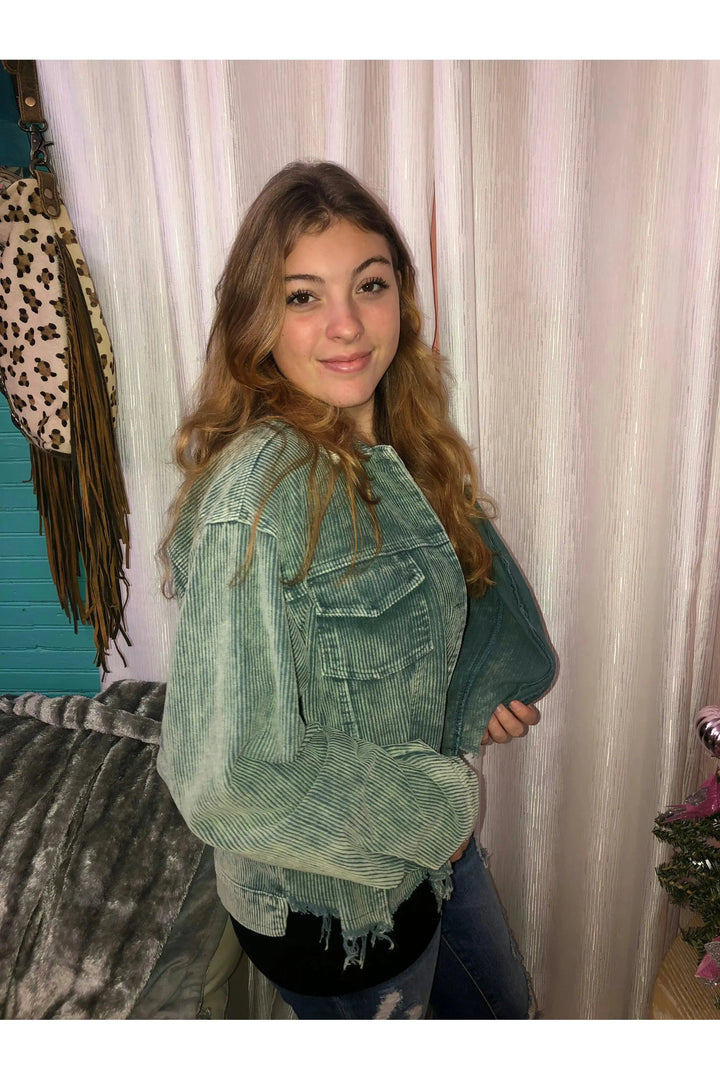 Hunter Green Corduroy Frayed Hem Jacket-Outerwear/Kimonos-Pol-Vintage Dragonfly-Women’s Fashion Boutique Located in Sumrall, Mississippi