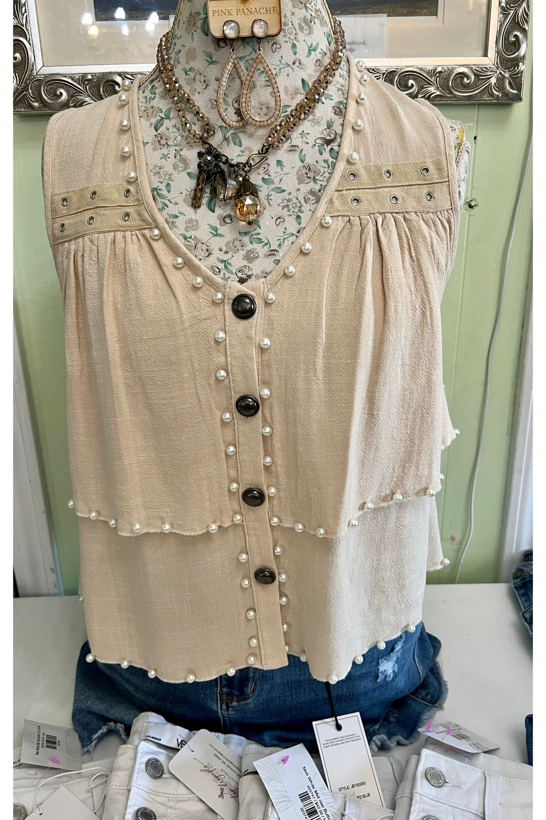 Natural Sleeveless Vneck Topdouble ruffle with pearl accents-Tops-Pol-Vintage Dragonfly-Women’s Fashion Boutique Located in Sumrall, Mississippi