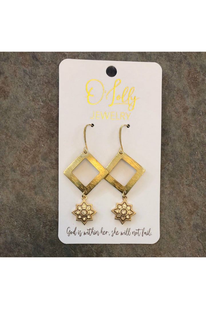 “Vanessa” Gold Square Open Connector W/Flower Stone Dangle Earrings-Jewelry-O’Lolly-Vintage Dragonfly-Women’s Fashion Boutique Located in Sumrall, Mississippi