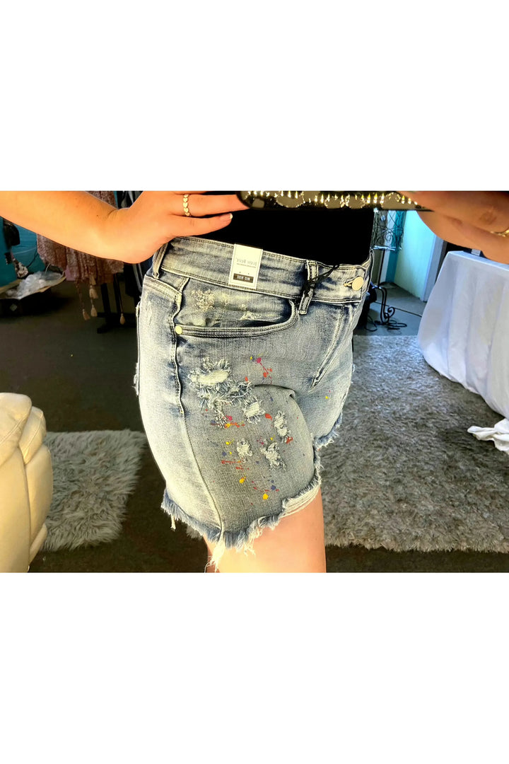 Midrise Rainbow Paint Splash Shorts-Bottoms-Judy Blue-Vintage Dragonfly-Women’s Fashion Boutique Located in Sumrall, Mississippi