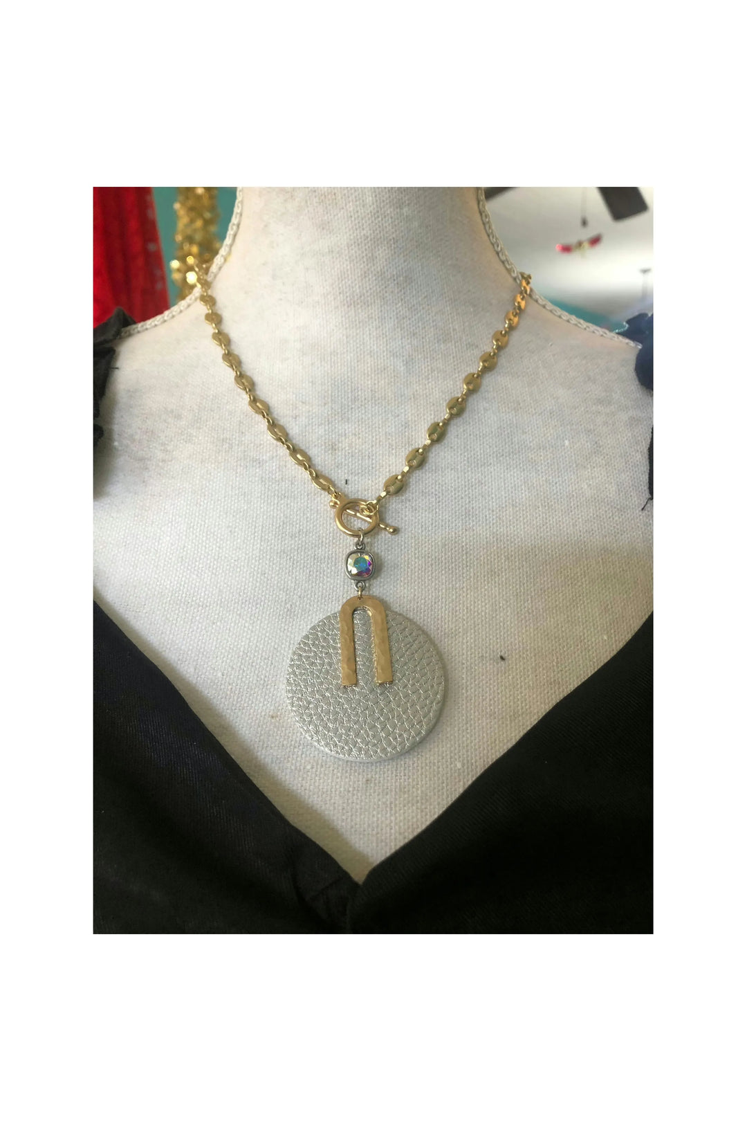 Matte Gold Necklace with Silver leather Pendant with Ab Crystal-Jewelry-Pink Panache-Vintage Dragonfly-Women’s Fashion Boutique Located in Sumrall, Mississippi