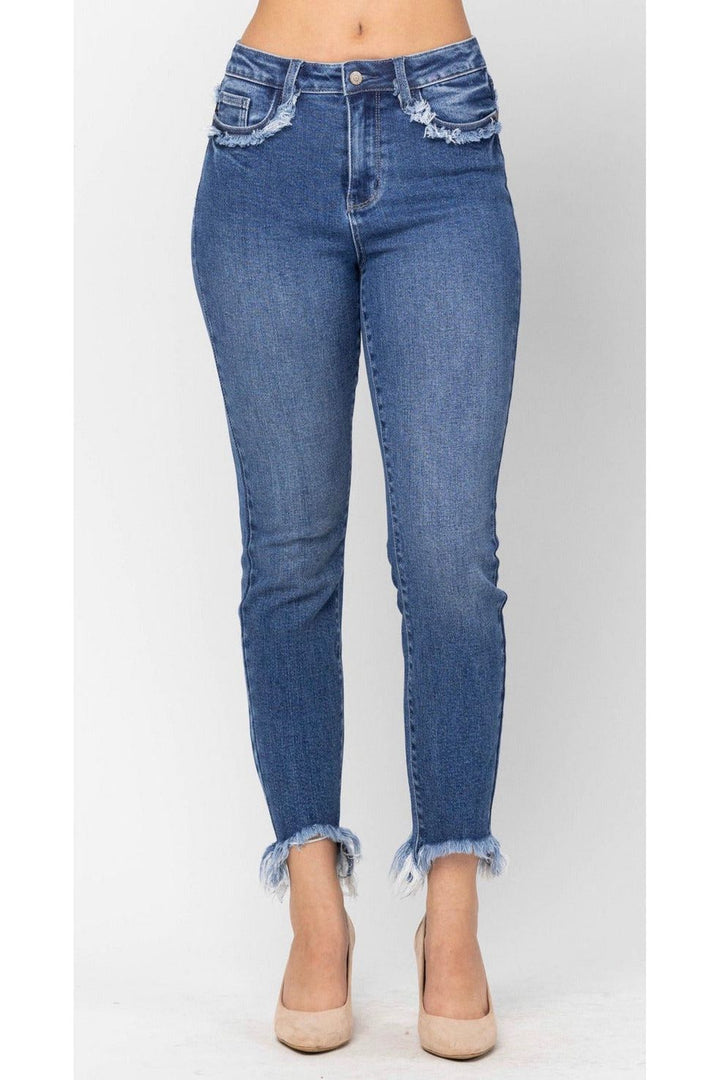 Judy Blue Amanda High Rise Frayed Pocket Slim Fit Jeans-Bottoms-Judy Blue-Vintage Dragonfly-Women’s Fashion Boutique Located in Sumrall, Mississippi