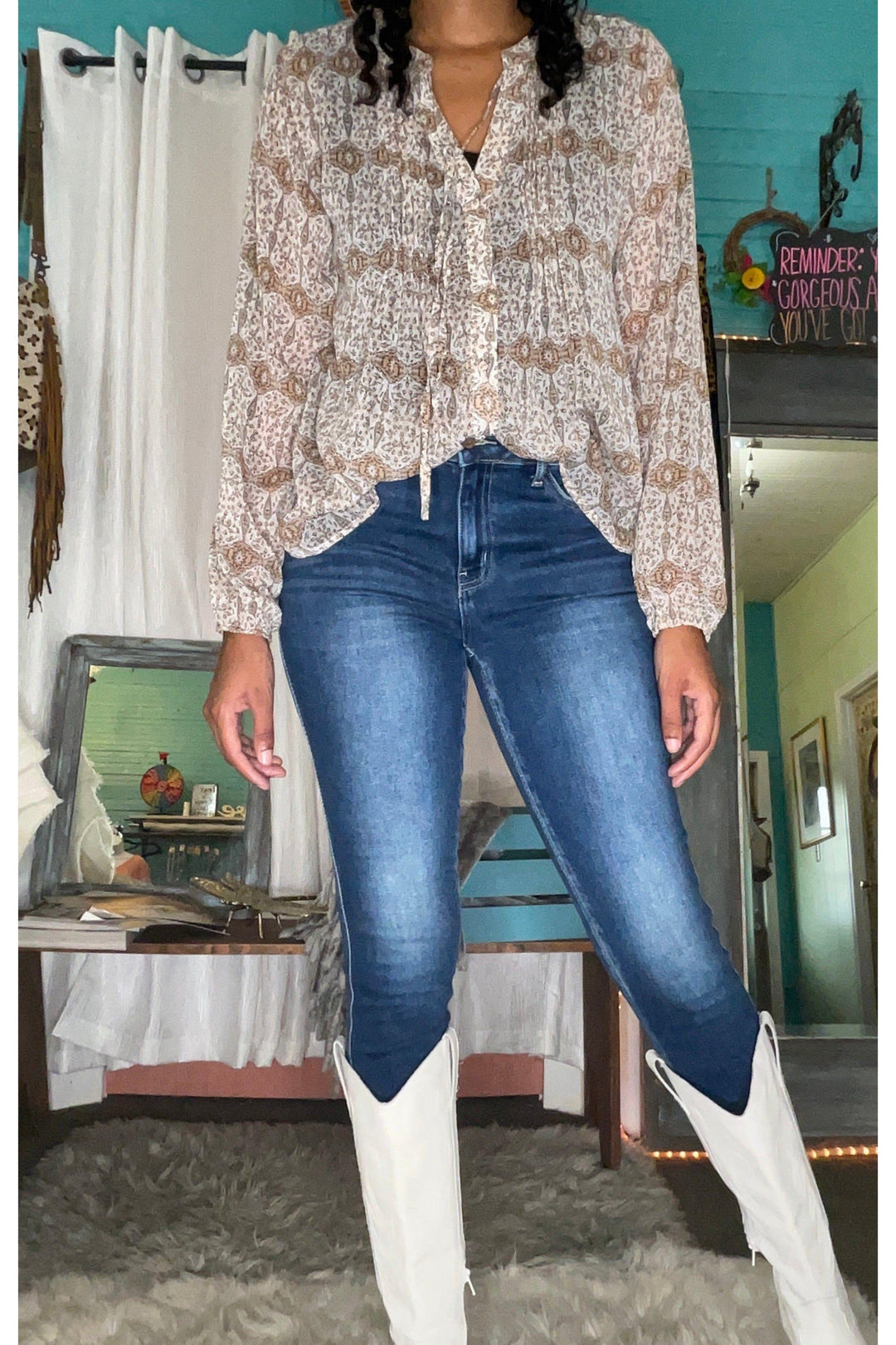 Taupe/Ivory Boho Pattern Top-Tops-Kori America-Vintage Dragonfly-Women’s Fashion Boutique Located in Sumrall, Mississippi