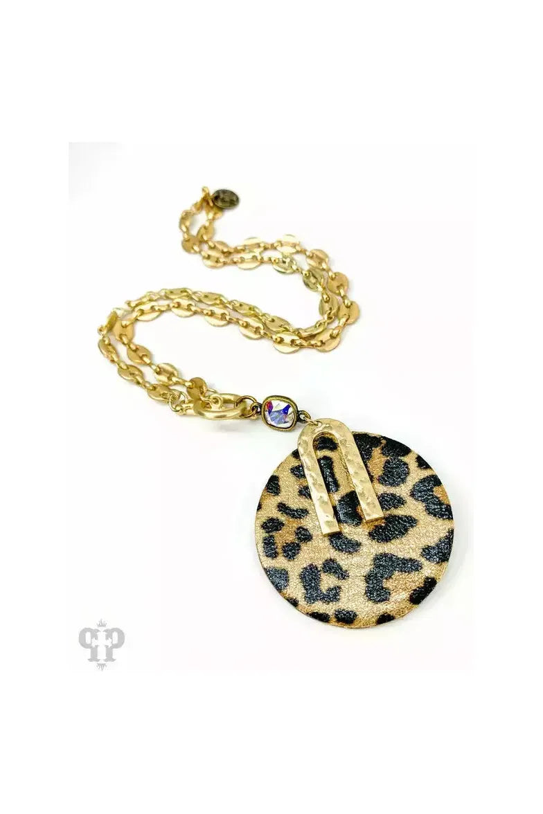 Gold Link Chain with round leather leopard pendant-Jewelry-Pink Panache-Vintage Dragonfly-Women’s Fashion Boutique Located in Sumrall, Mississippi