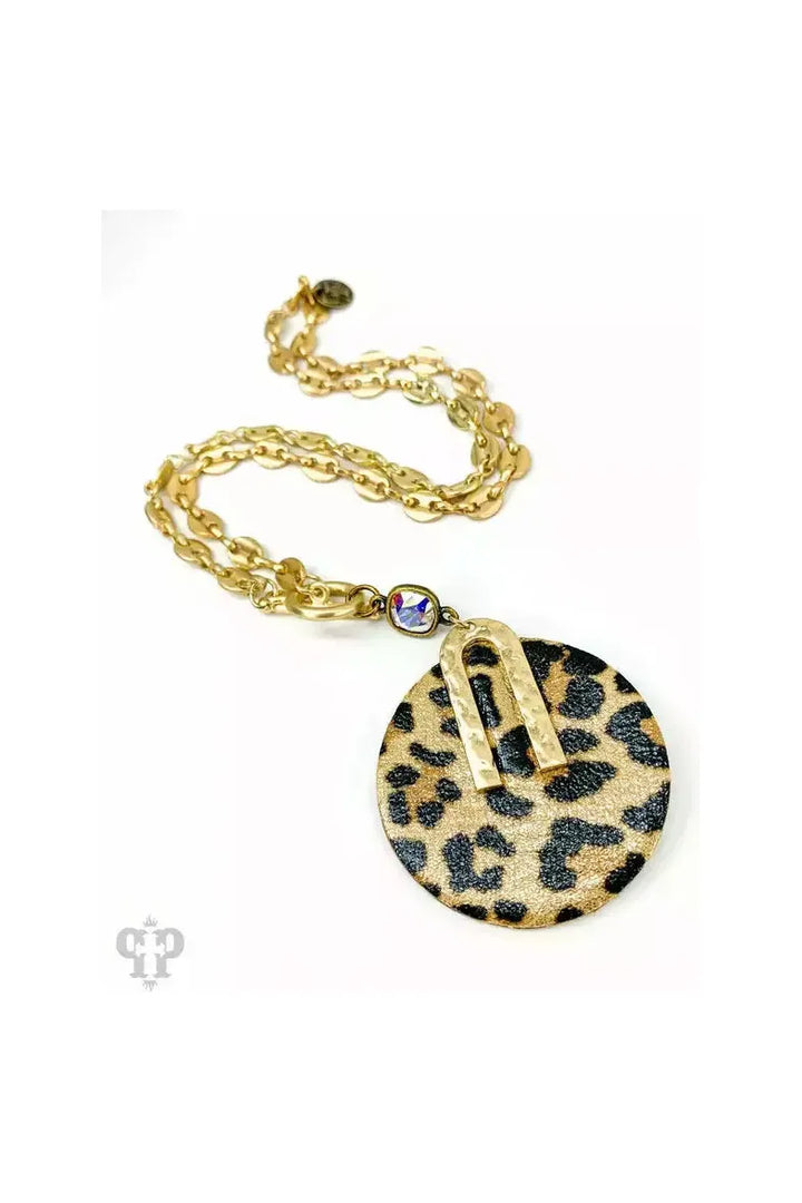 Gold Link Chain with round leather leopard pendant-Jewelry-Pink Panache-Vintage Dragonfly-Women’s Fashion Boutique Located in Sumrall, Mississippi
