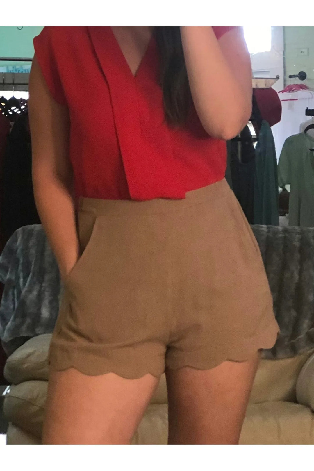 Mocha Scalloped Hem Shorts - Vintage Dragonfly