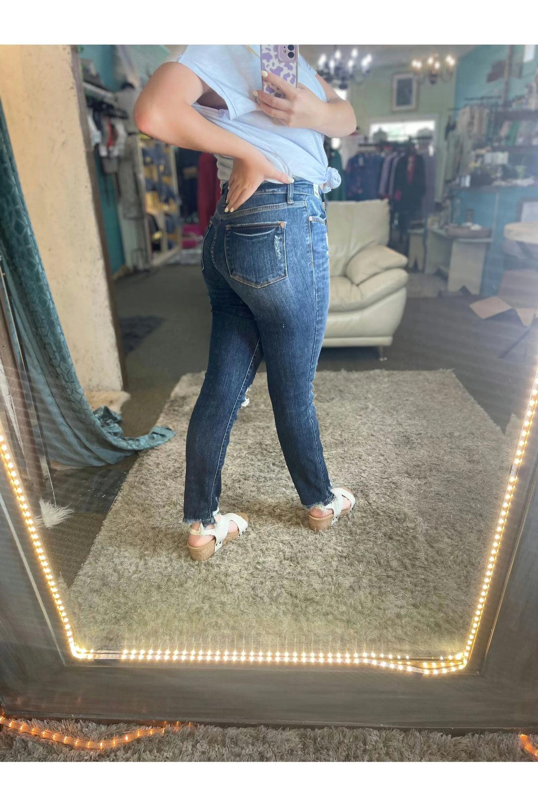 Sassy Mid Rise Relaxed Fit Chopped Hem Jeans - Vintage Dragonfly