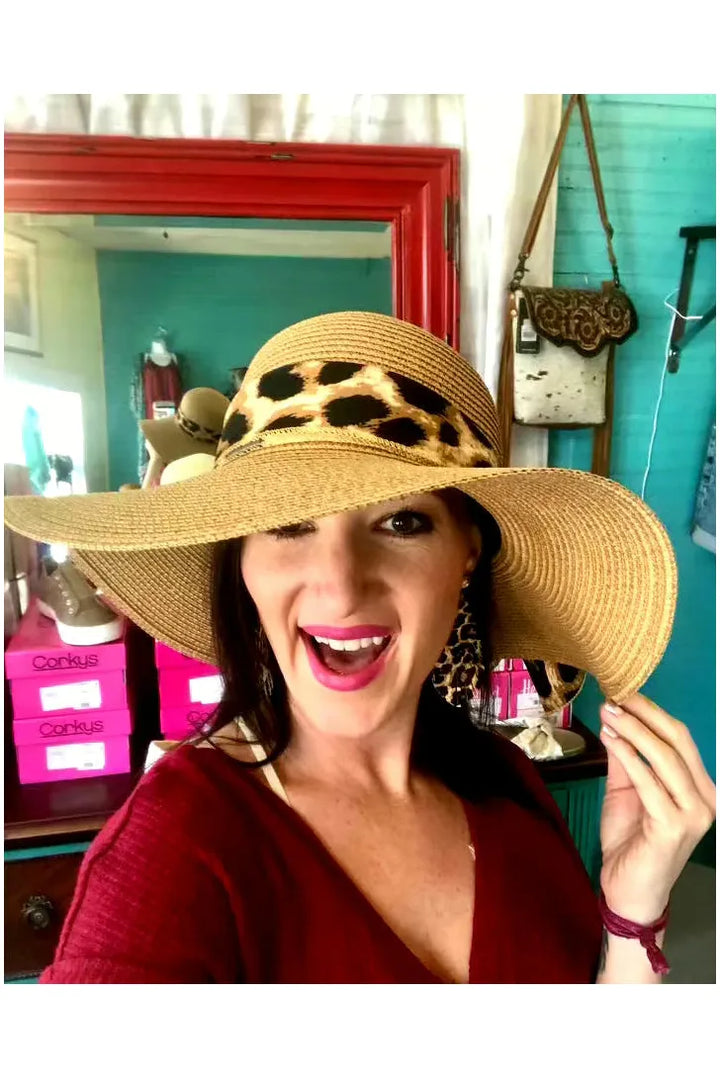 Straw wide Brim Hat with Animal Print Ribbon-Accessories-Judson-Vintage Dragonfly-Women’s Fashion Boutique Located in Sumrall, Mississippi