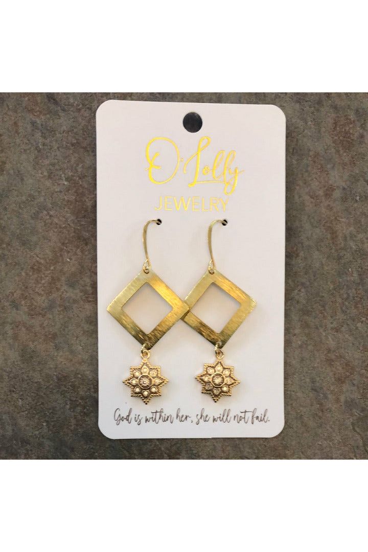 “Vanessa” Gold Square Open Connector W/Flower Stone Dangle Earrings-Jewelry-O’Lolly-Vintage Dragonfly-Women’s Fashion Boutique Located in Sumrall, Mississippi