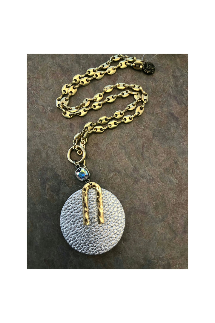 Matte Gold Necklace with Silver leather Pendant with Ab Crystal-Jewelry-Pink Panache-Vintage Dragonfly-Women’s Fashion Boutique Located in Sumrall, Mississippi