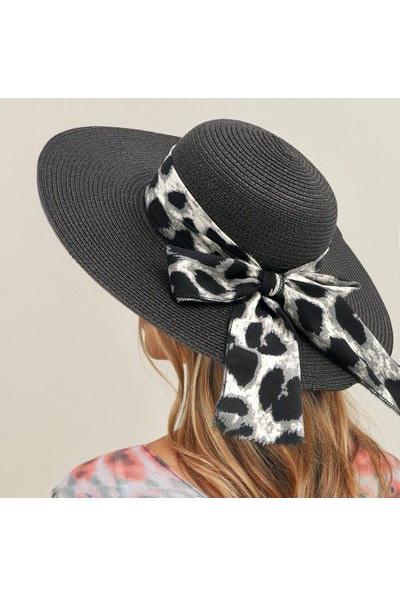Straw wide Brim Hat with Animal Print Ribbon - Vintage Dragonfly Boutique