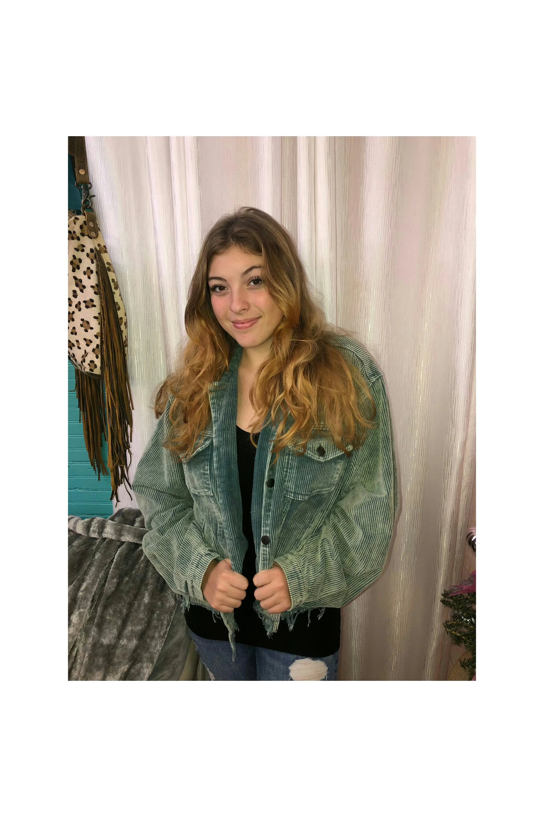 Hunter Green Corduroy Frayed Hem Jacket-Outerwear/Kimonos-Pol-Vintage Dragonfly-Women’s Fashion Boutique Located in Sumrall, Mississippi