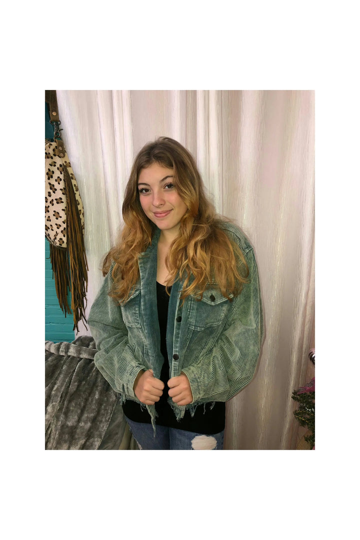Hunter Green Corduroy Frayed Hem Jacket-Outerwear/Kimonos-Pol-Vintage Dragonfly-Women’s Fashion Boutique Located in Sumrall, Mississippi
