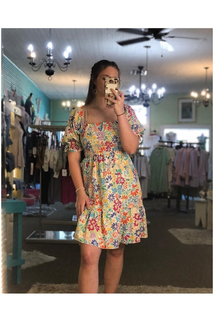 Floral Pattern Smocked Ruffle Babydoll Dress - Vintage Dragonfly