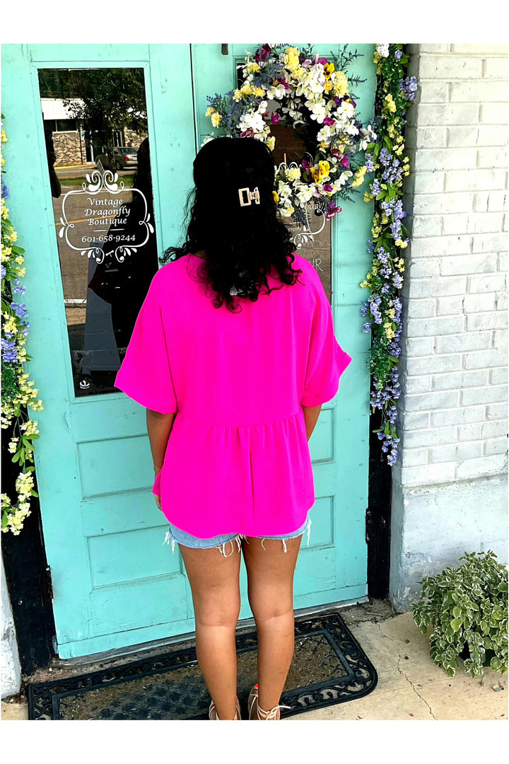 Perfect Hot Pink Babydoll Top-Tops-Jodifl-Vintage Dragonfly-Women’s Fashion Boutique Located in Sumrall, Mississippi