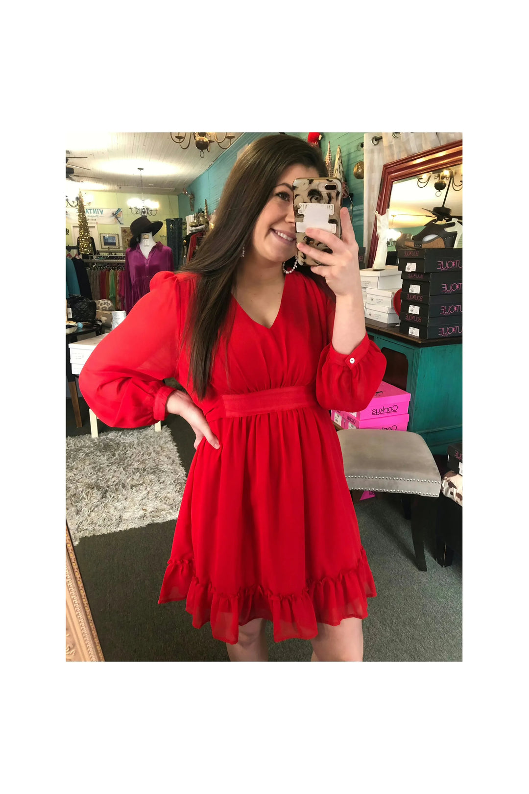 Red Chiffon V-neck Dress-Dresses-Jodifl-Vintage Dragonfly-Women’s Fashion Boutique Located in Sumrall, Mississippi