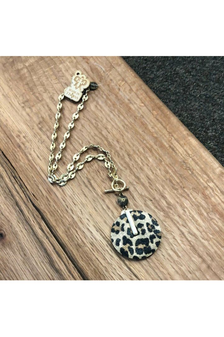 Gold Link Chain with round leather leopard pendant-Jewelry-Pink Panache-Vintage Dragonfly-Women’s Fashion Boutique Located in Sumrall, Mississippi